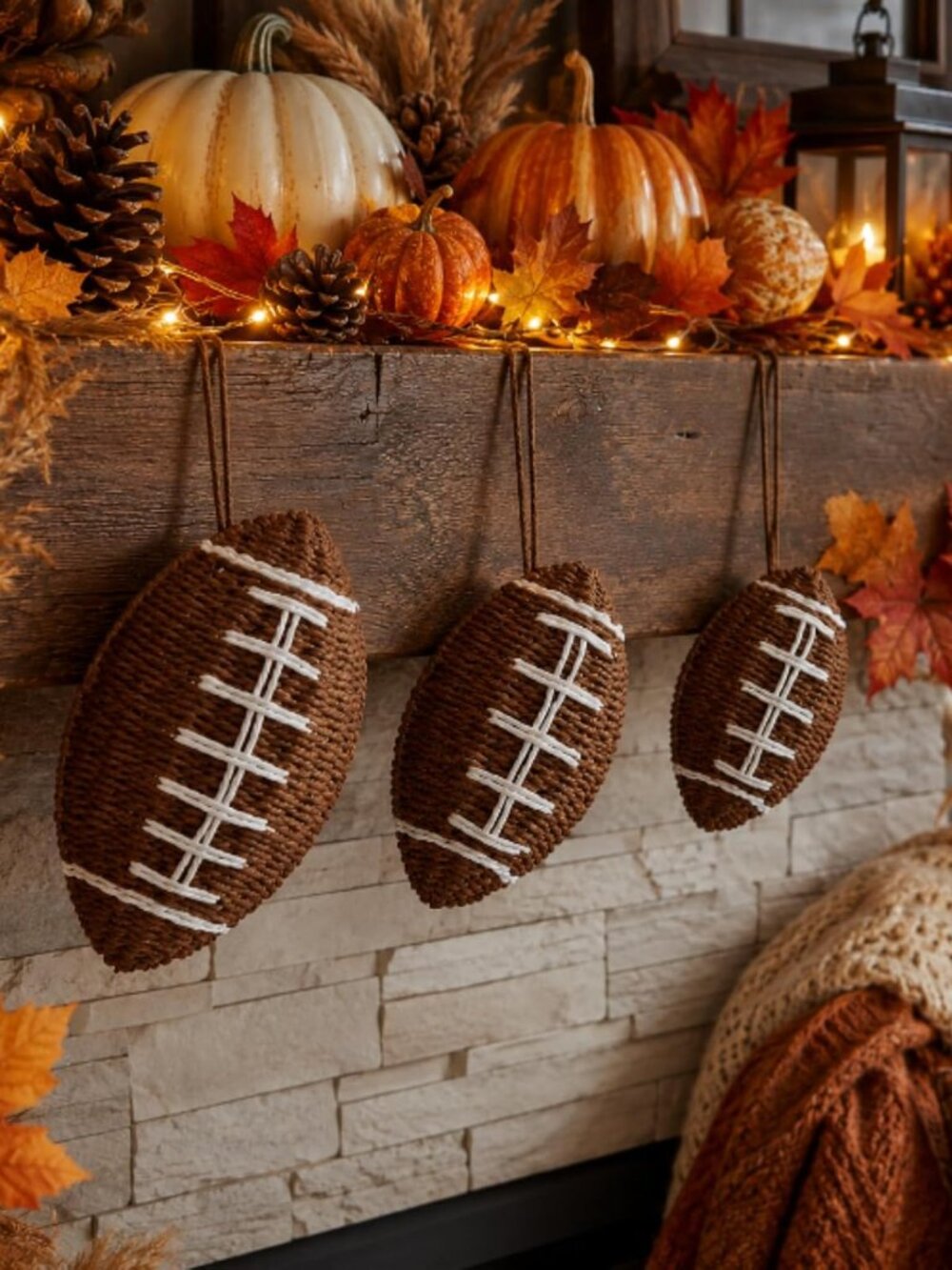 3 PC Set Natural Rattan Boho Style Set of Football Storage Baskets Fall Decor